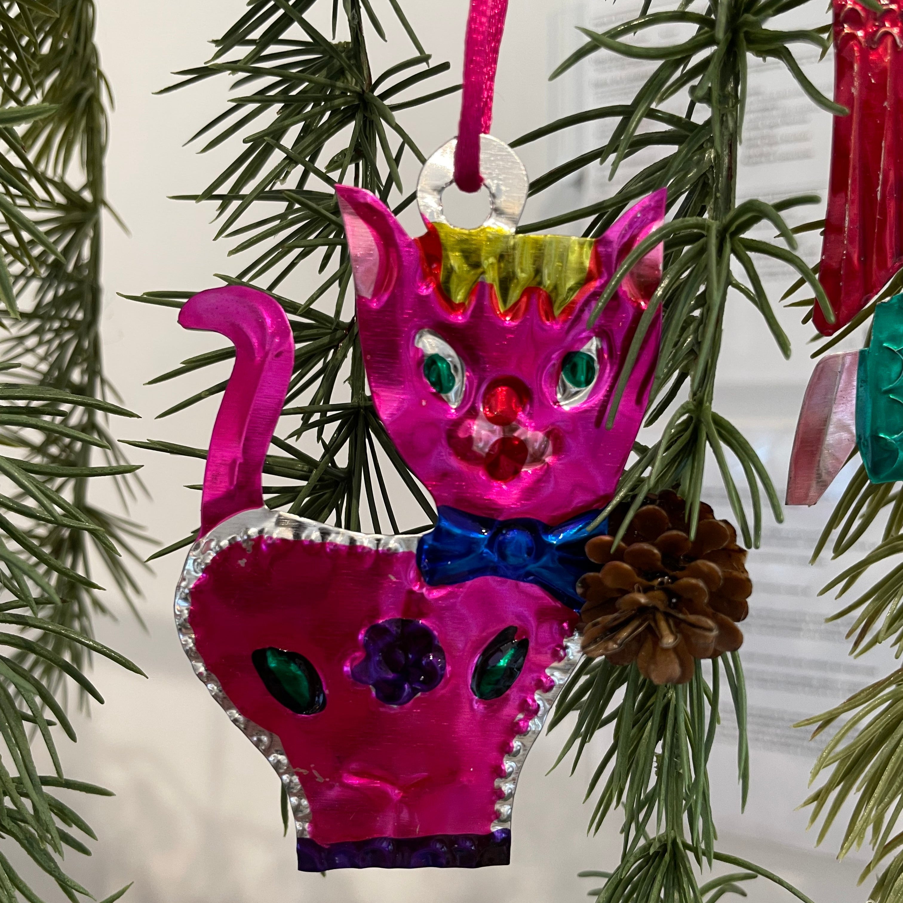Pink Cat Tin Christmas Tree Ornament