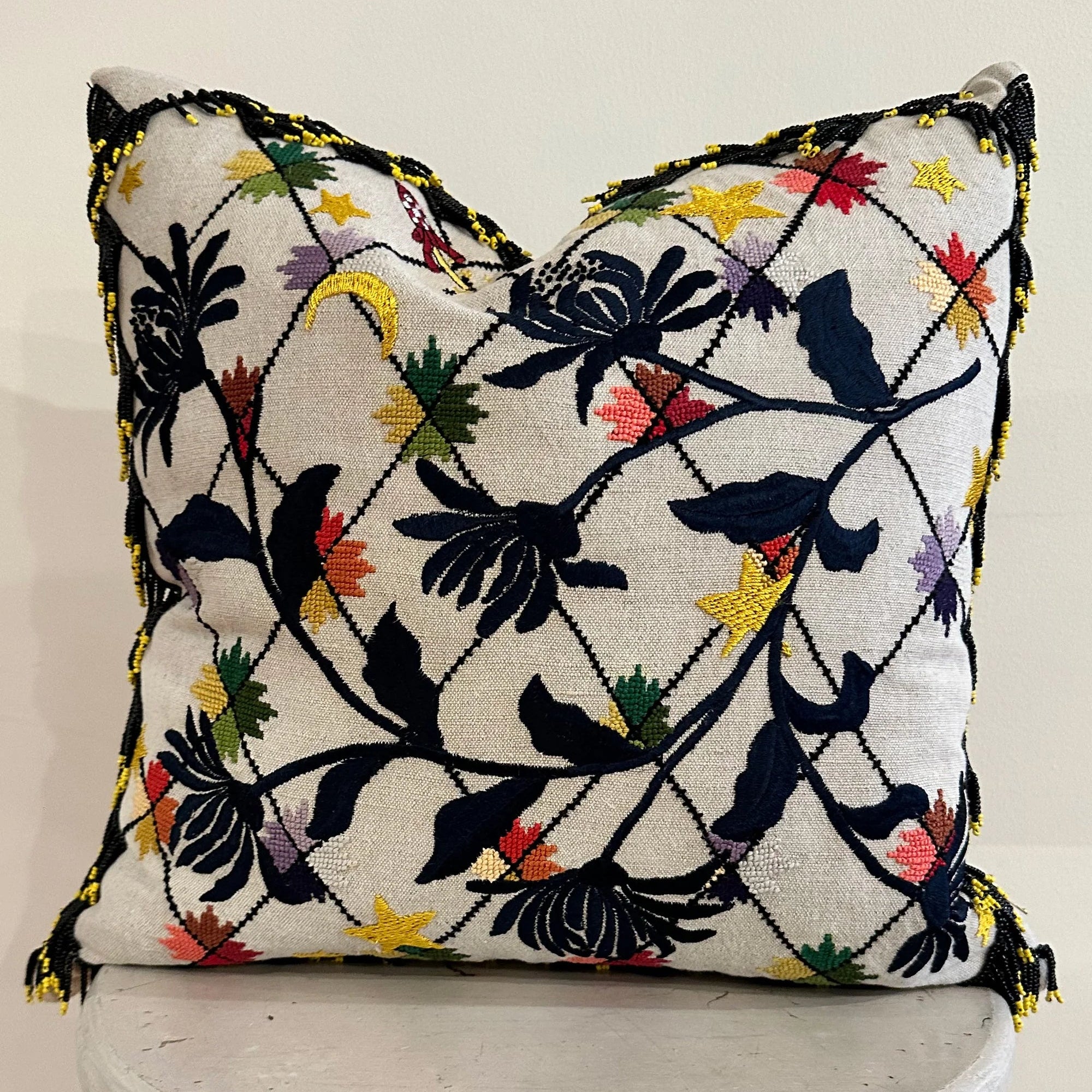 Beaded Fringe Flowers" Pillow - Natural/Multi