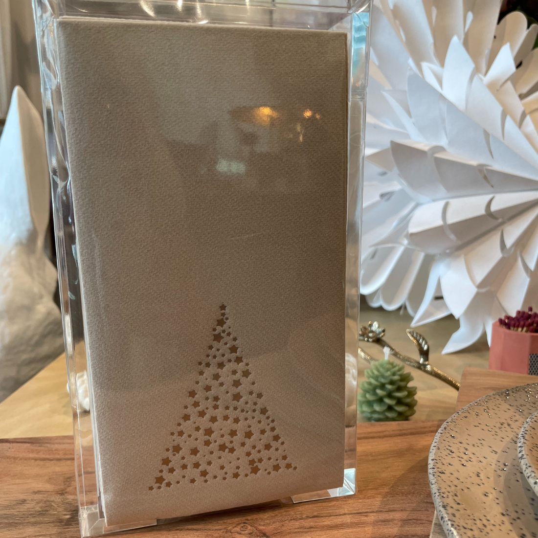 Acrylic Tray With Guest Towel Champagne Christmas Tree On Pebble