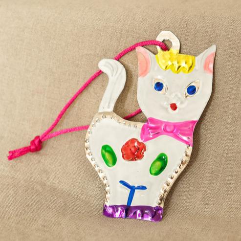 White Cat Tin Christmas Tree Ornament