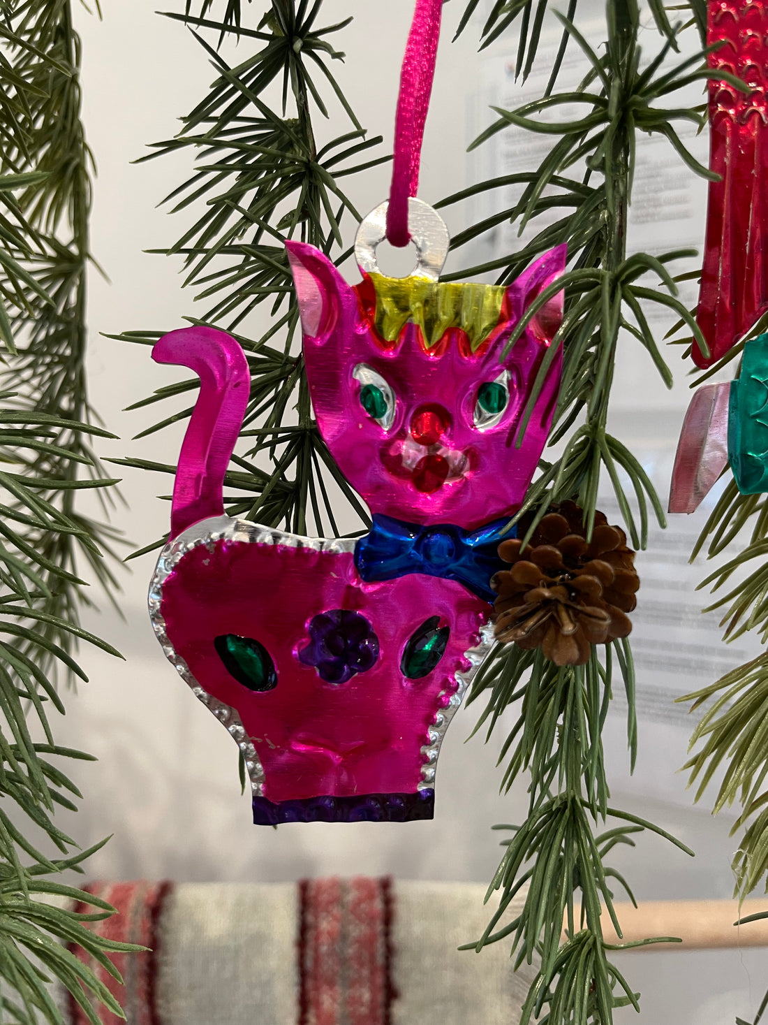 Pink Cat Tin Christmas Tree Ornament