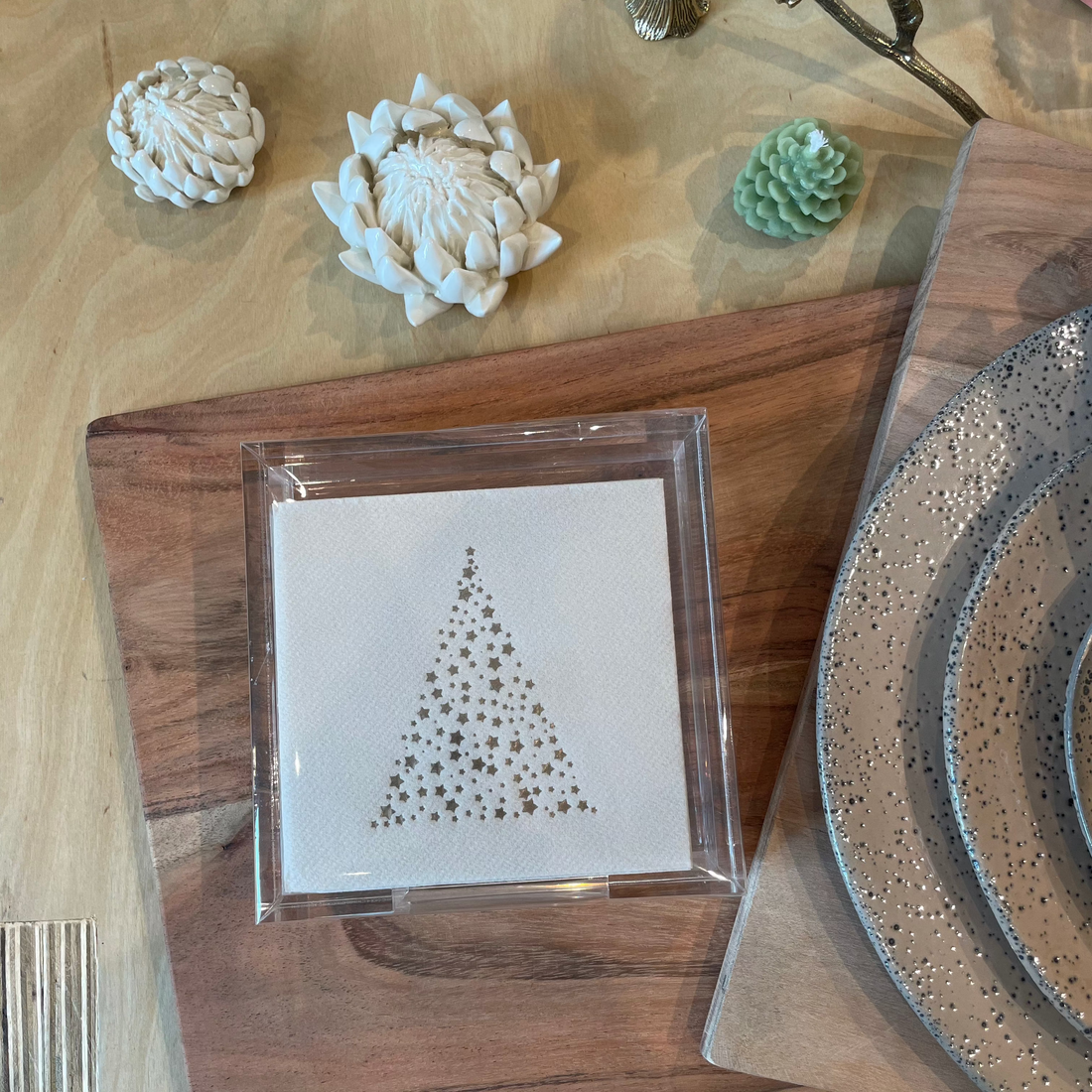 Acrylic Tray With Cocktail Napkins Champagne Christmas Tree On Pebble