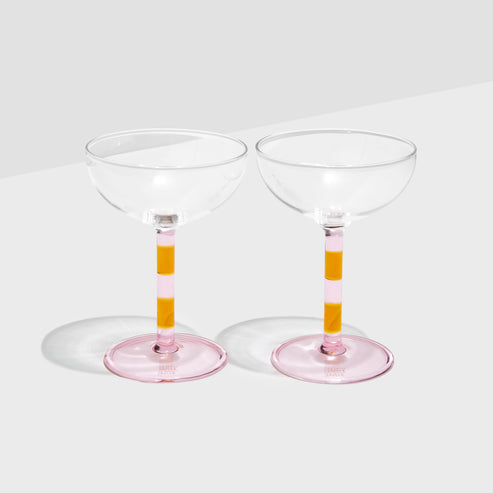 Two x Striped Coupe Glasses (Pink/Amber) - Set of 2