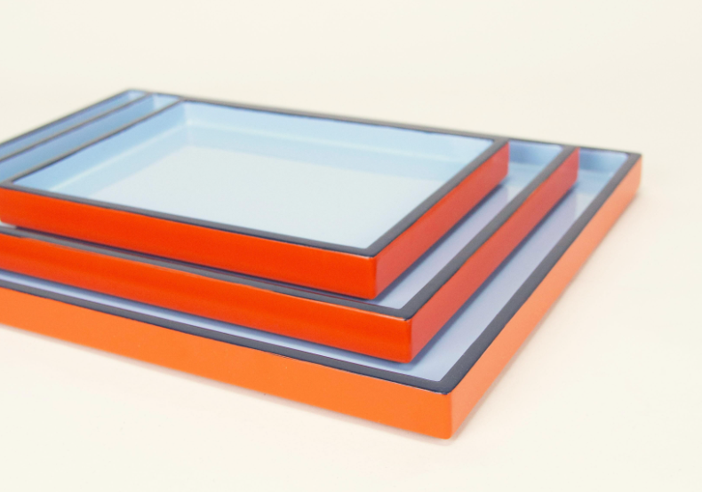 Set of 3 Rectangular Trays in Lavender Blue, Orange and Dark Blue Lacquer